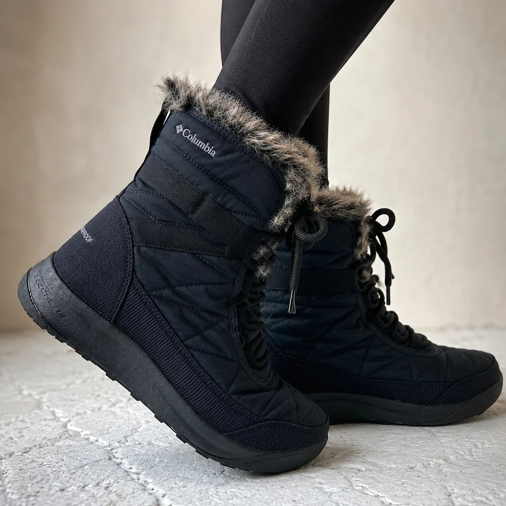Columbia Waterproof Winter Boots Women 8W Wide Black Faux Fur Quilted Snow Rain